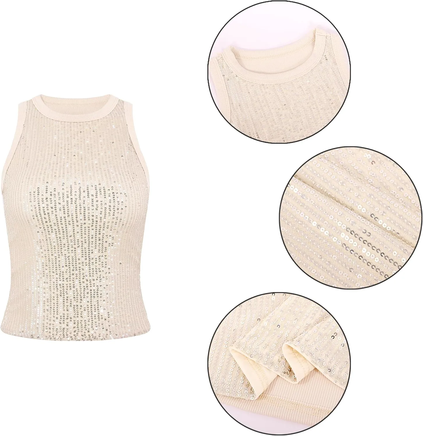 Haoohu Women's Sparkly Sequin Sleeveless Tank Top Camisole Round Neck Rave Tank Vest Party Shirt Clubwear