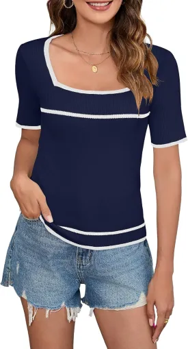 Iandroiy Women's Square Neck Short Sleeve Knit Tops Slim Fit Y2K Color Block T-Shirts
