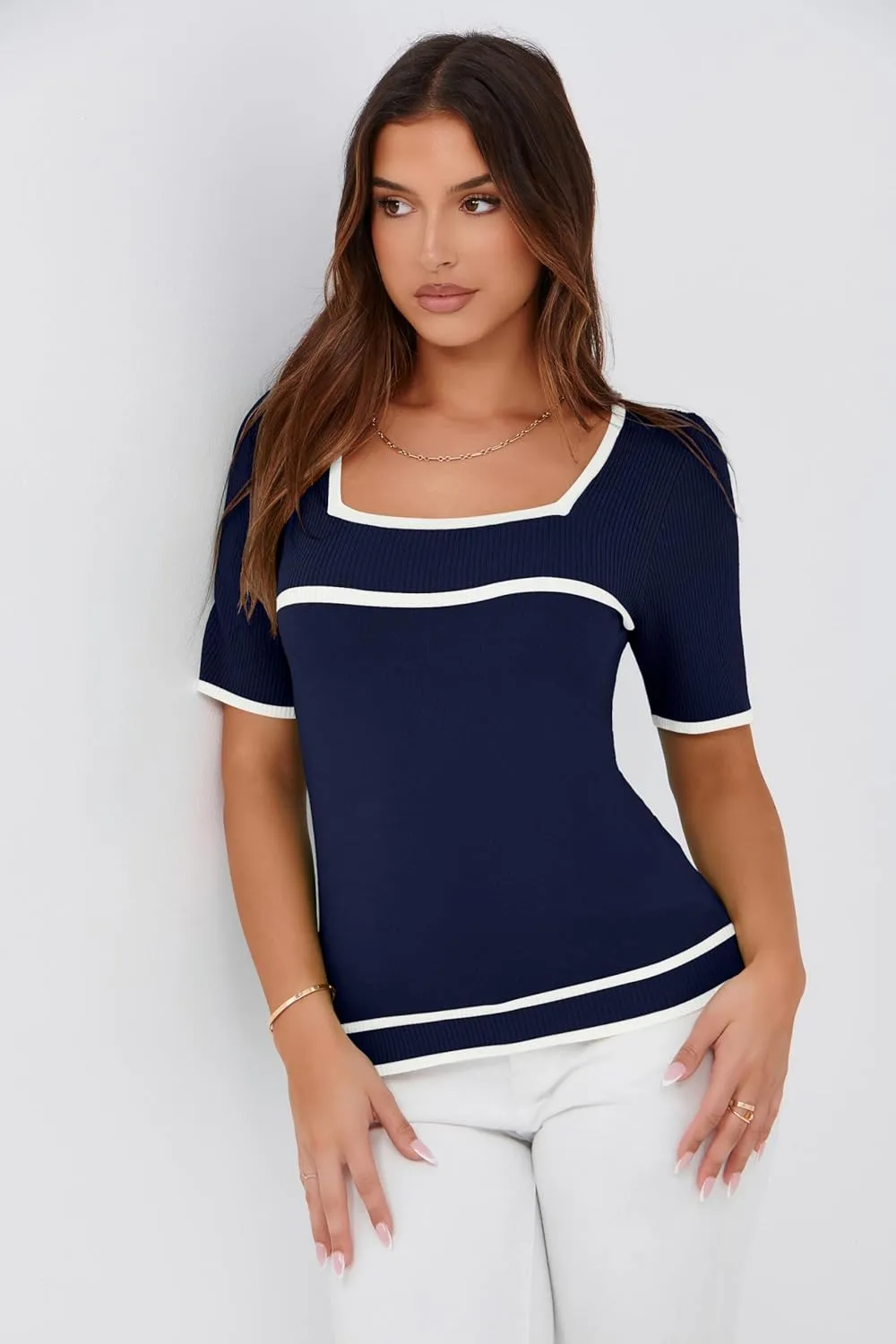 Iandroiy Women's Square Neck Short Sleeve Knit Tops Slim Fit Y2K Color Block T-Shirts
