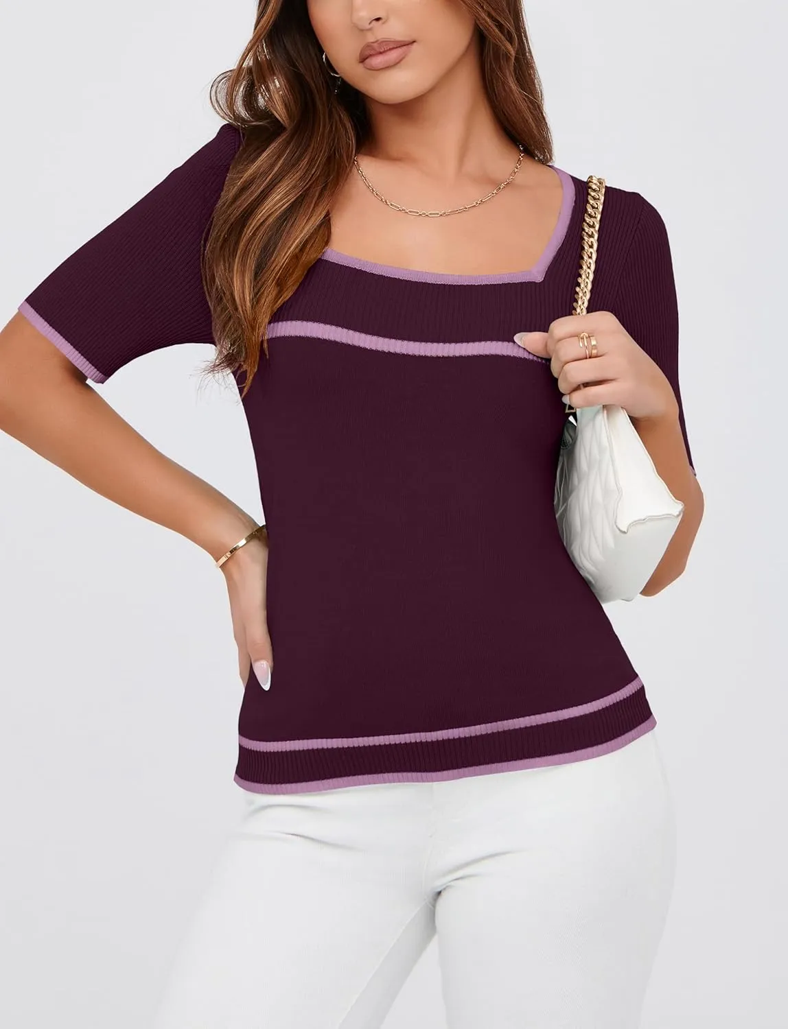 Iandroiy Women's Square Neck Short Sleeve Knit Tops Slim Fit Y2K Color Block T-Shirts