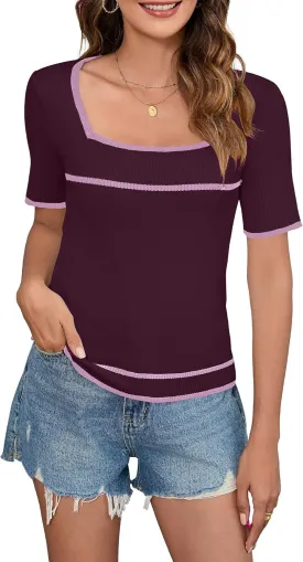 Iandroiy Women's Square Neck Short Sleeve Knit Tops Slim Fit Y2K Color Block T-Shirts