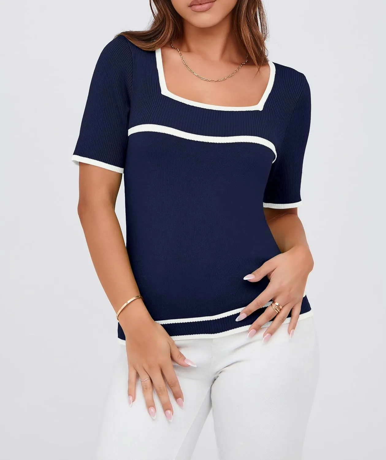 Iandroiy Women's Square Neck Short Sleeve Knit Tops Slim Fit Y2K Color Block T-Shirts
