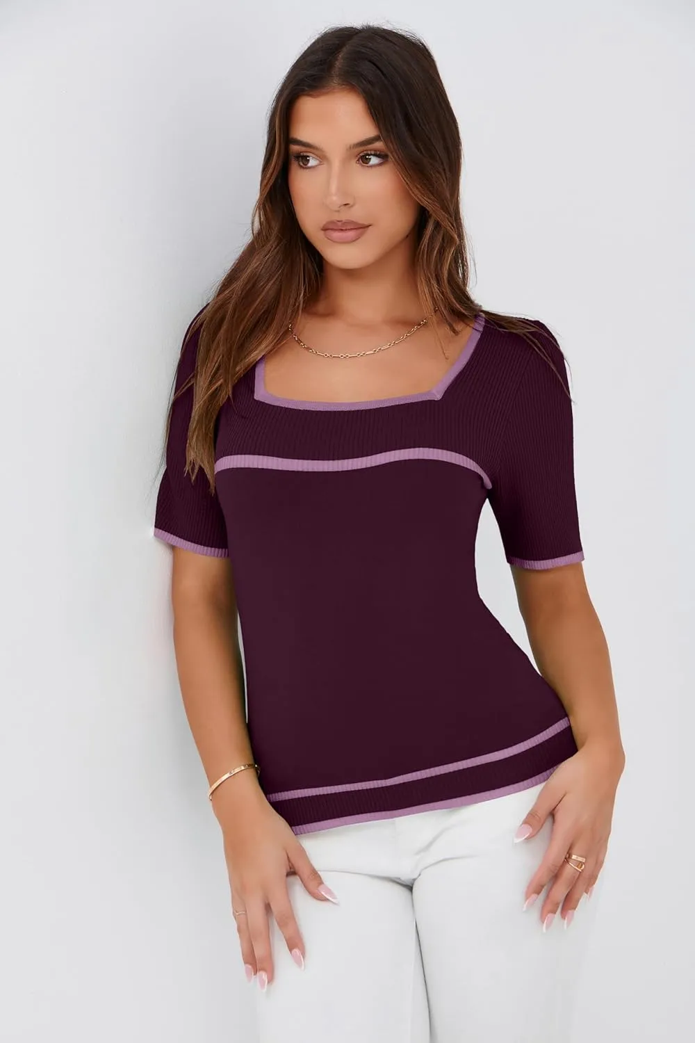 Iandroiy Women's Square Neck Short Sleeve Knit Tops Slim Fit Y2K Color Block T-Shirts