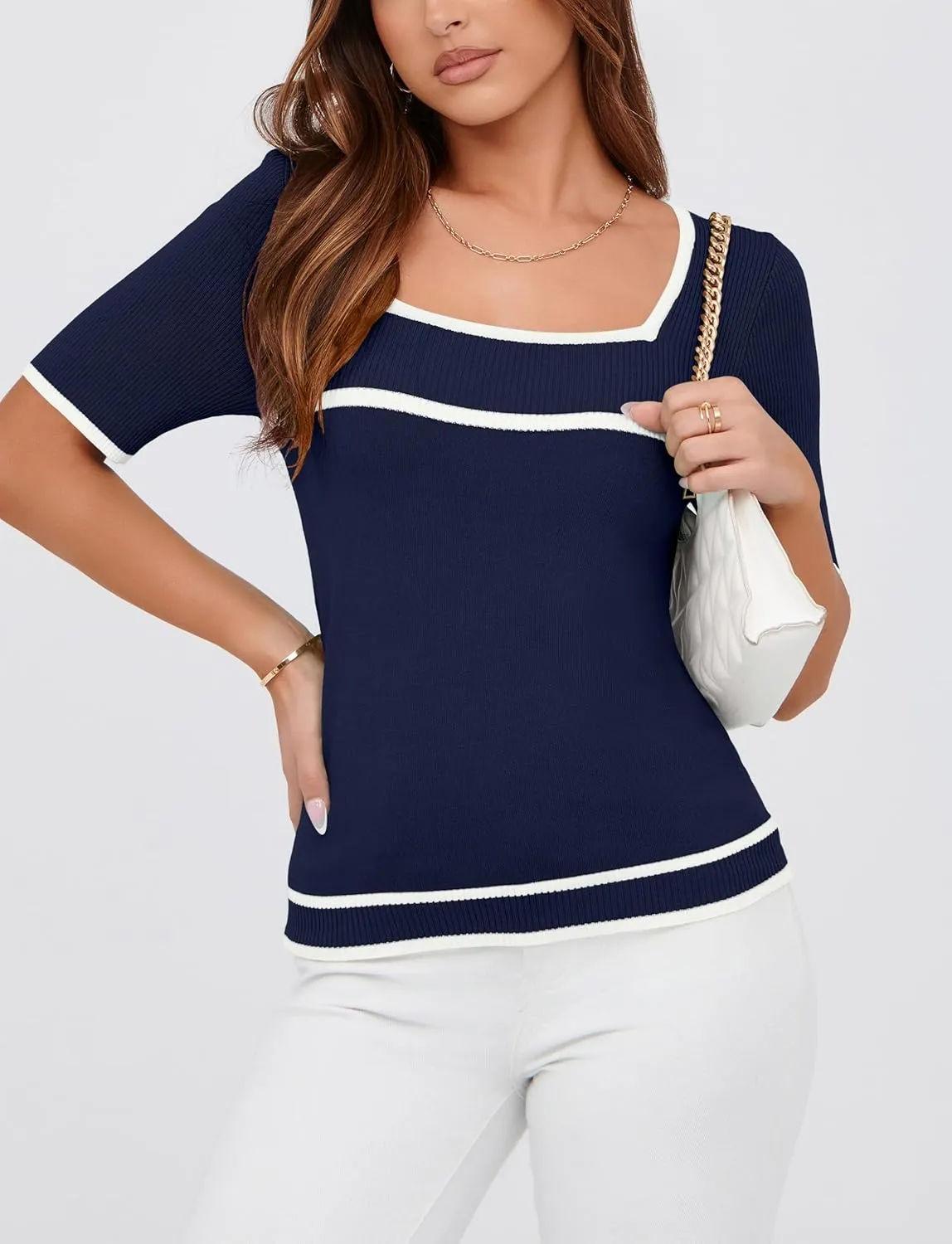 Iandroiy Women's Square Neck Short Sleeve Knit Tops Slim Fit Y2K Color Block T-Shirts