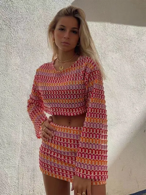 Lace Waist-Baring Trumpet Sleeve Top   Hip Skirt Set