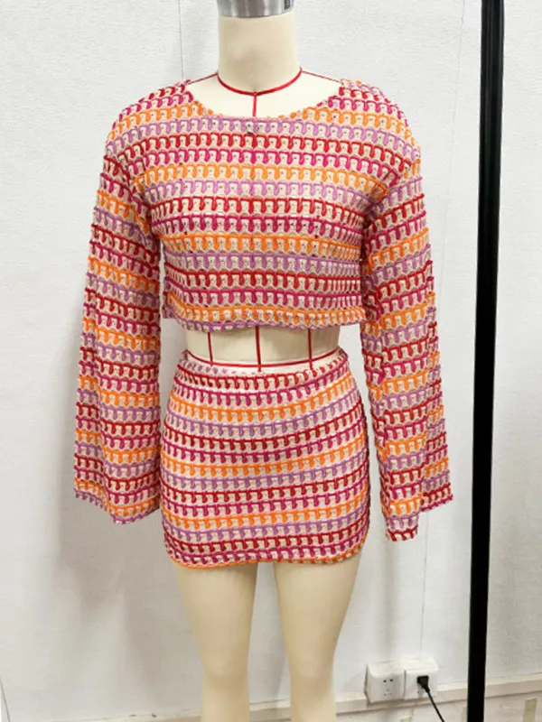 Lace Waist-Baring Trumpet Sleeve Top   Hip Skirt Set