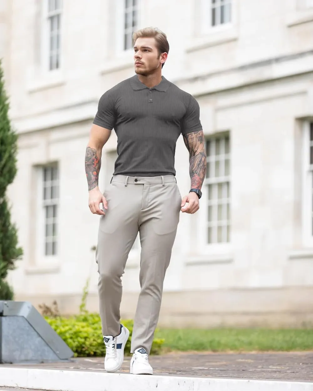 Lehmanlin Men's Muscle Polo Shirts Long&Short Sleeve Casual T- Shirts Slim Fit Stretch Ribbed Golf Tops