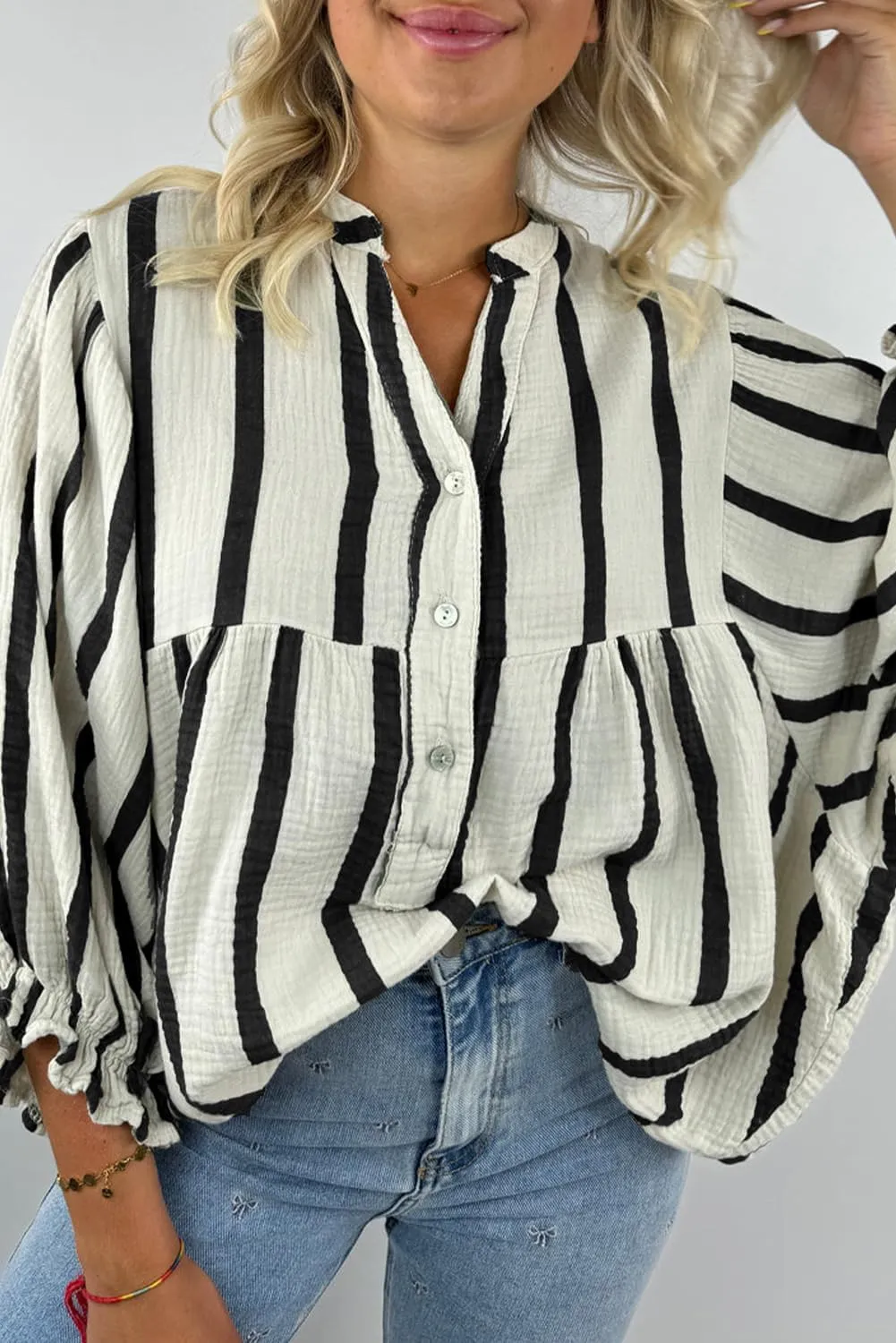 Maketina Women's Casual V Neck Striped Puff Sleeve Blouses Cotton Cute Loose Fit Flowy Button Down Shirts