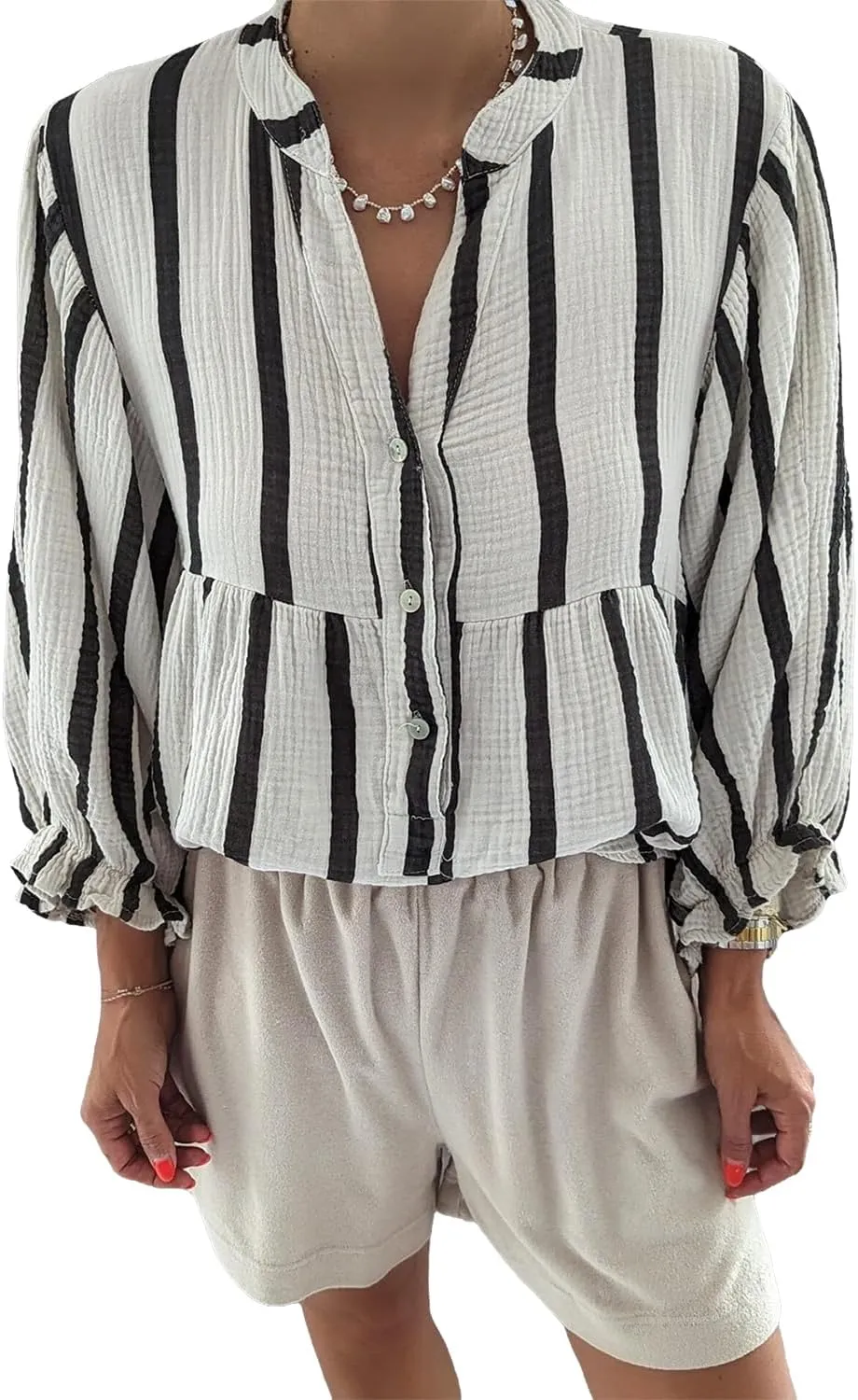 Maketina Women's Casual V Neck Striped Puff Sleeve Blouses Cotton Cute Loose Fit Flowy Button Down Shirts