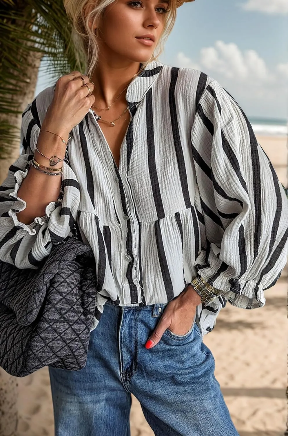 Maketina Women's Casual V Neck Striped Puff Sleeve Blouses Cotton Cute Loose Fit Flowy Button Down Shirts