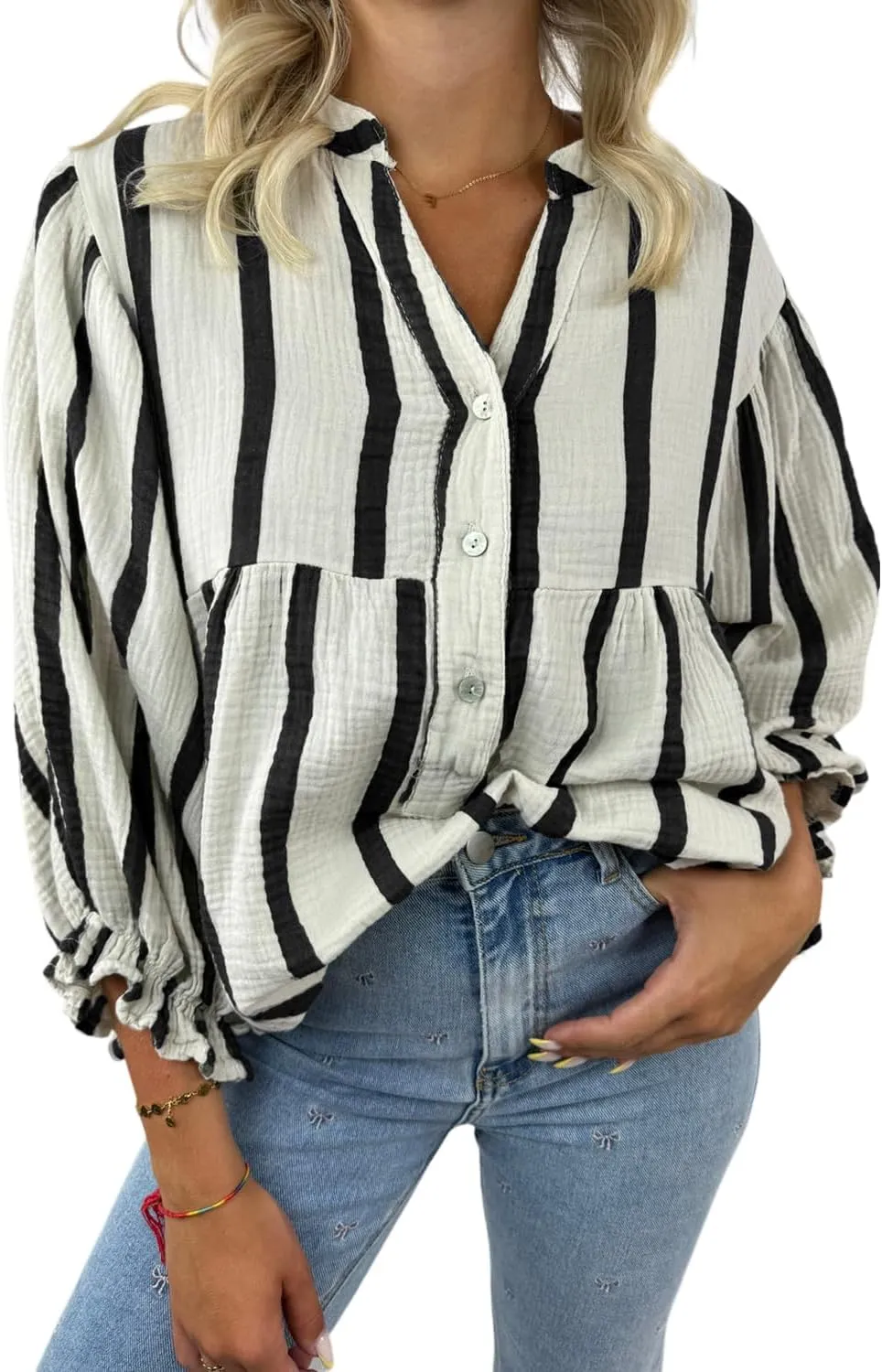 Maketina Women's Casual V Neck Striped Puff Sleeve Blouses Cotton Cute Loose Fit Flowy Button Down Shirts