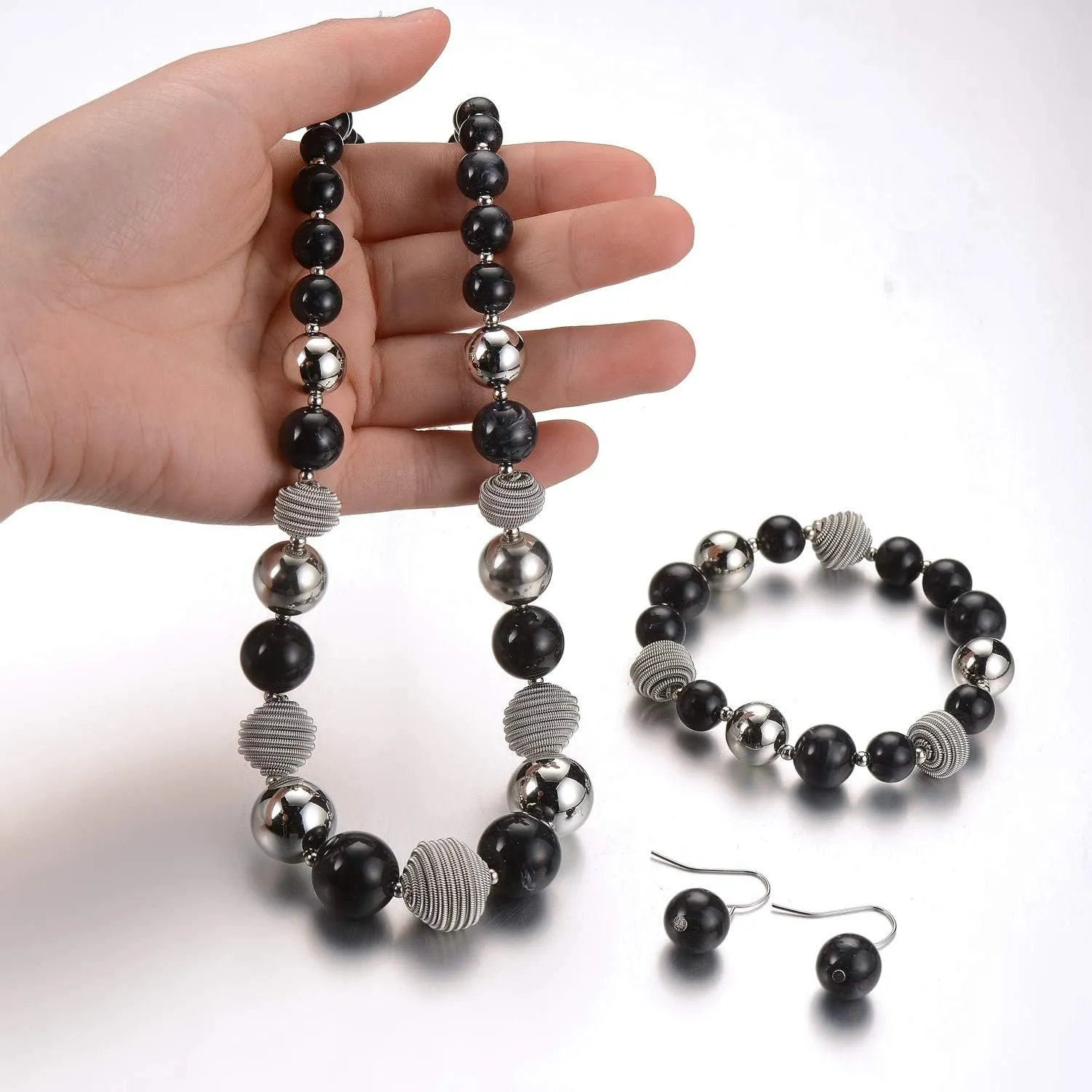 PEARL&CLUB Beaded Chunky Statement Necklace Earring and Bracelet Set Silver Metal Bead Fashion Jewelry Set Mothers Day Gifts for Women