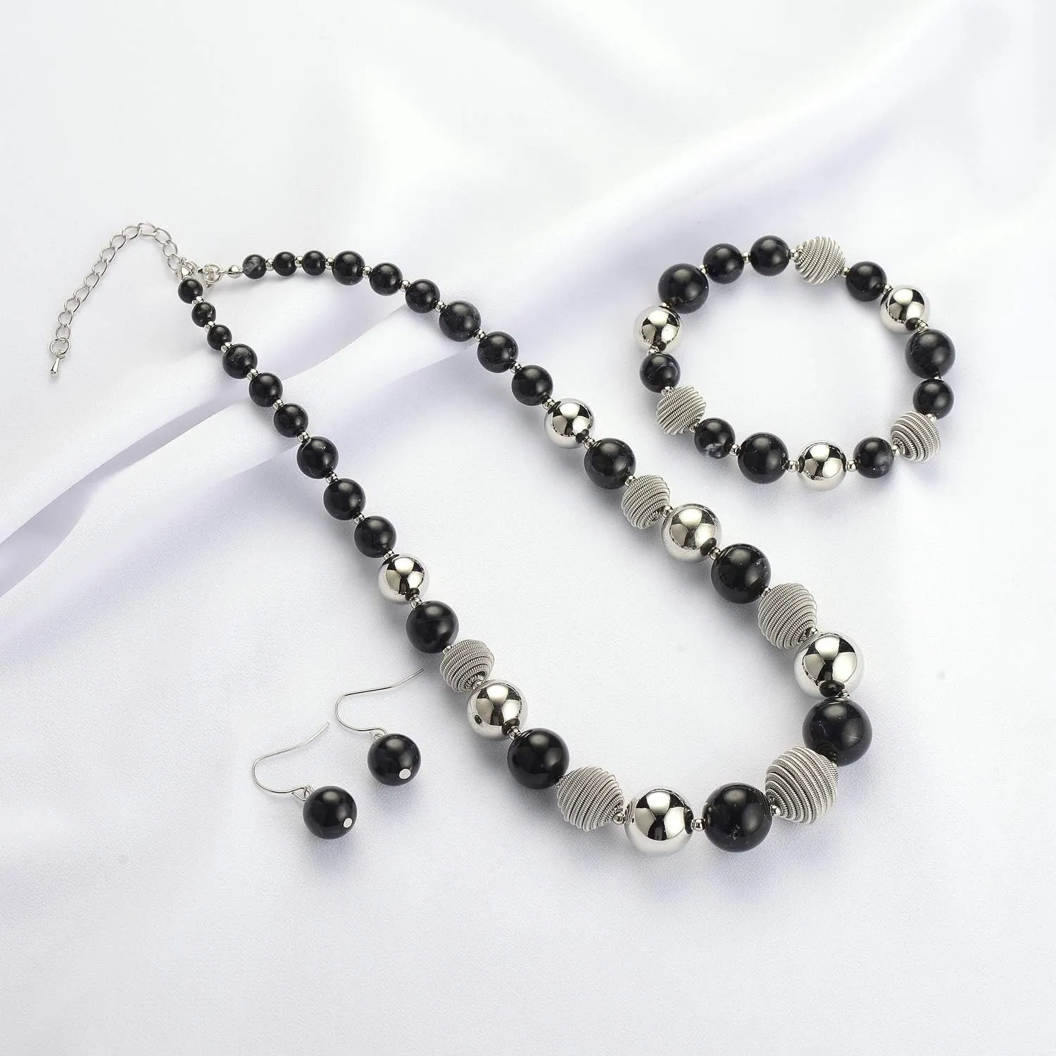 PEARL&CLUB Beaded Chunky Statement Necklace Earring and Bracelet Set Silver Metal Bead Fashion Jewelry Set Mothers Day Gifts for Women