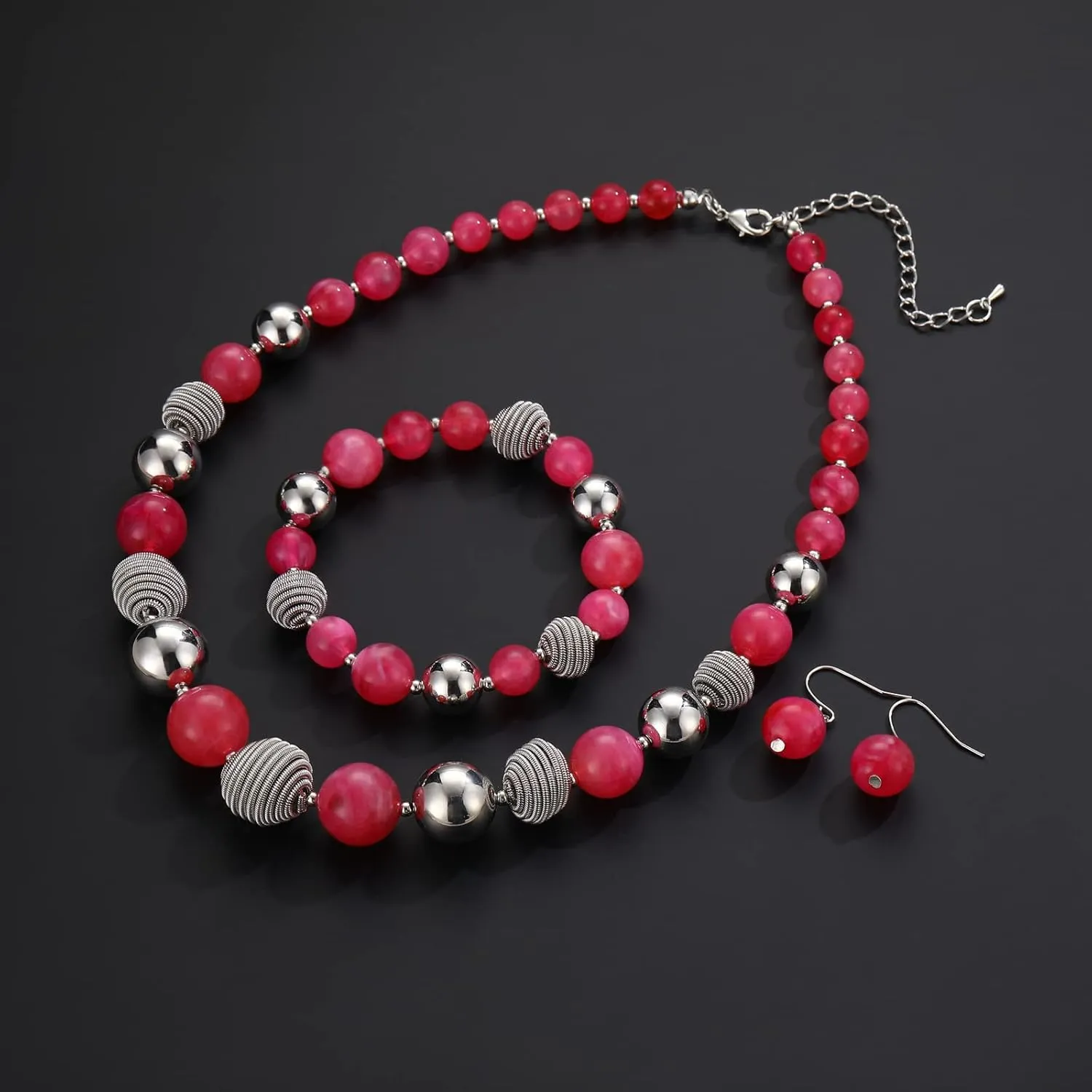 PEARL&CLUB Beaded Chunky Statement Necklace Earring and Bracelet Set Silver Metal Bead Fashion Jewelry Set Mothers Day Gifts for Women