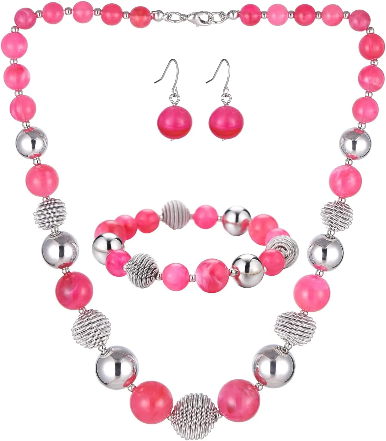 PEARL&CLUB Beaded Chunky Statement Necklace Earring and Bracelet Set Silver Metal Bead Fashion Jewelry Set Mothers Day Gifts for Women