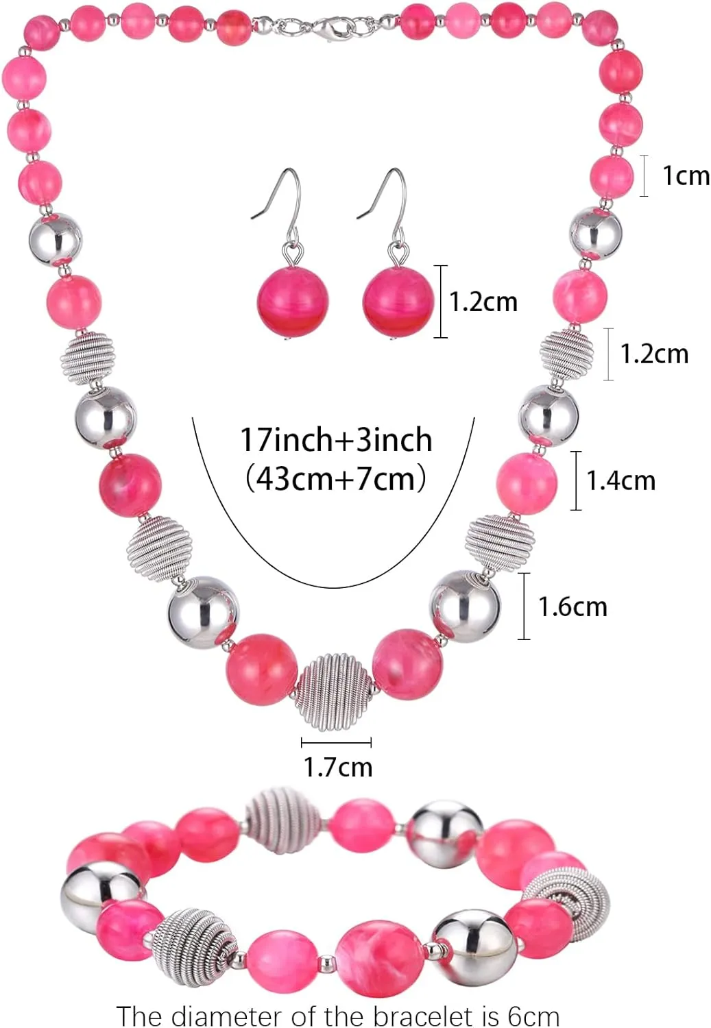 PEARL&CLUB Beaded Chunky Statement Necklace Earring and Bracelet Set Silver Metal Bead Fashion Jewelry Set Mothers Day Gifts for Women
