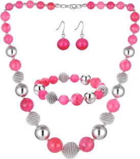 PEARL&CLUB Beaded Chunky Statement Necklace Earring and Bracelet Set Silver Metal Bead Fashion Jewelry Set Mothers Day Gifts for Women