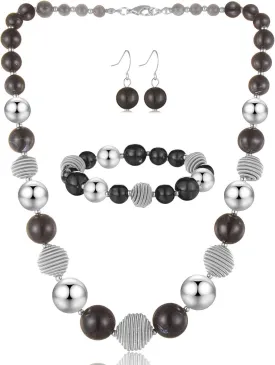 PEARL&CLUB Beaded Chunky Statement Necklace Earring and Bracelet Set Silver Metal Bead Fashion Jewelry Set Mothers Day Gifts for Women