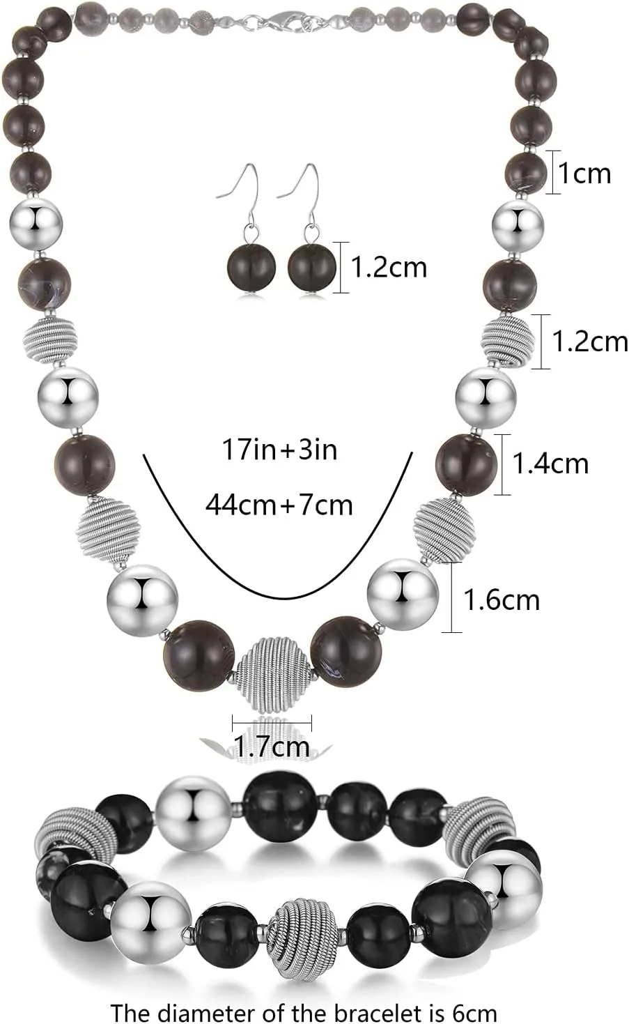 PEARL&CLUB Beaded Chunky Statement Necklace Earring and Bracelet Set Silver Metal Bead Fashion Jewelry Set Mothers Day Gifts for Women