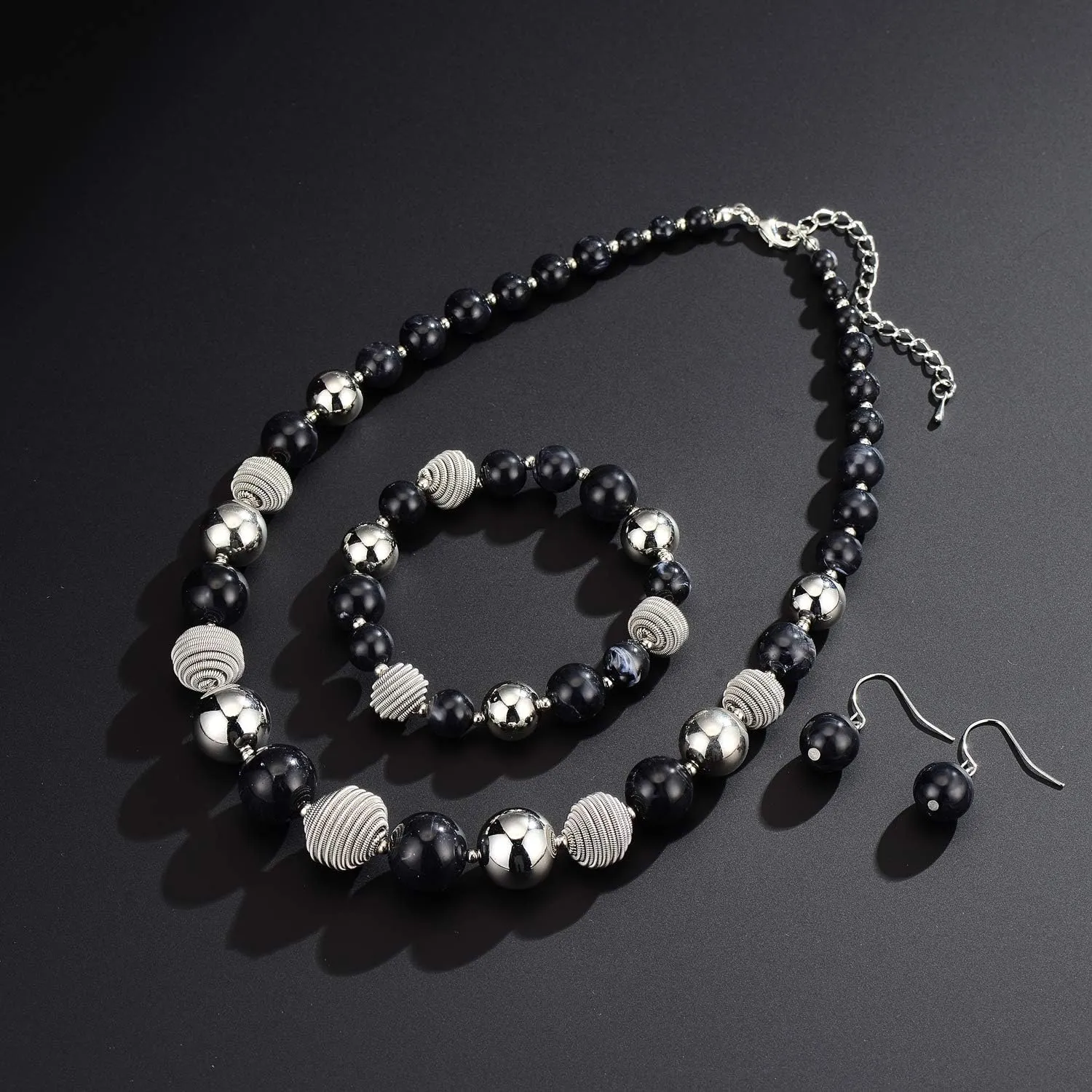 PEARL&CLUB Beaded Chunky Statement Necklace Earring and Bracelet Set Silver Metal Bead Fashion Jewelry Set Mothers Day Gifts for Women