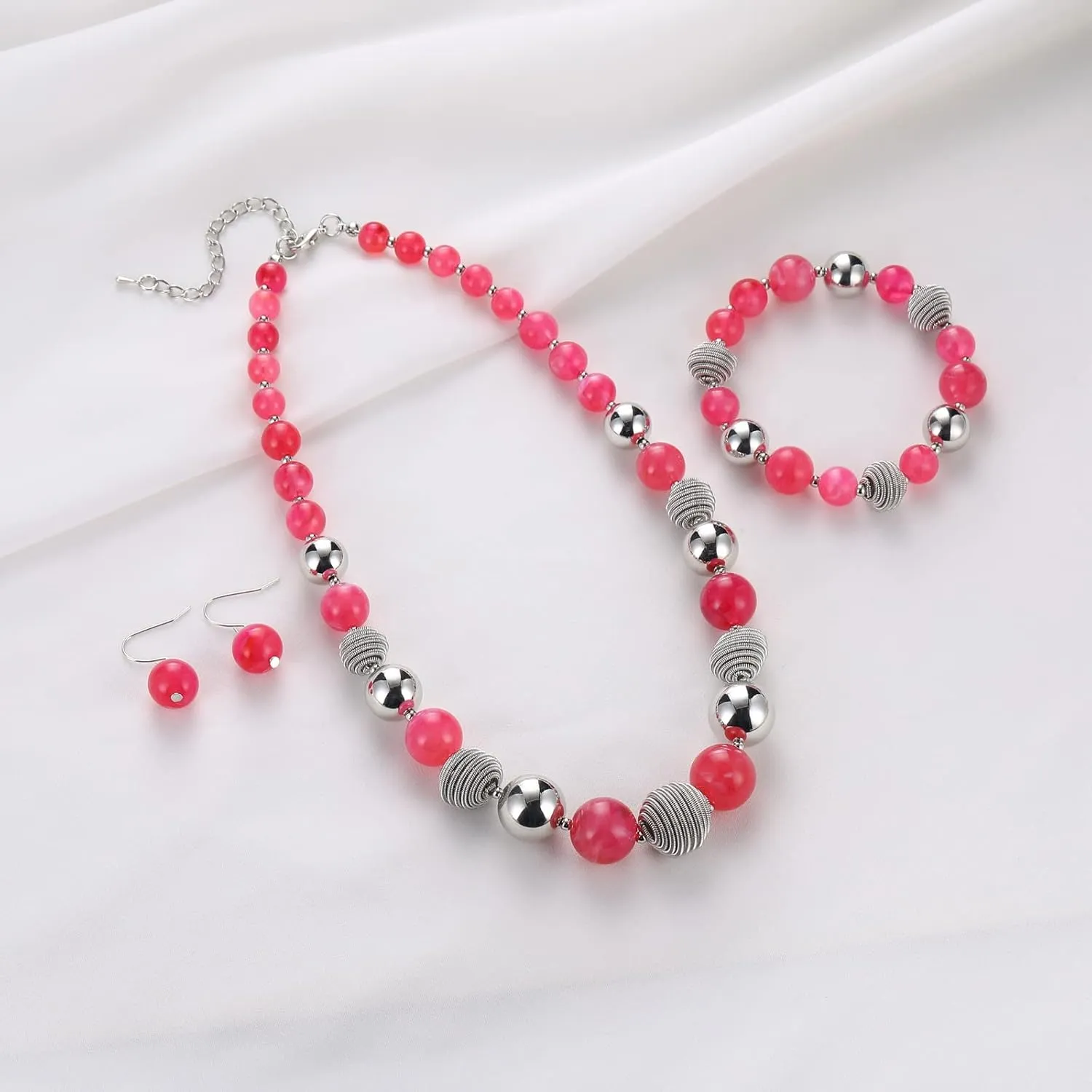 PEARL&CLUB Beaded Chunky Statement Necklace Earring and Bracelet Set Silver Metal Bead Fashion Jewelry Set Mothers Day Gifts for Women