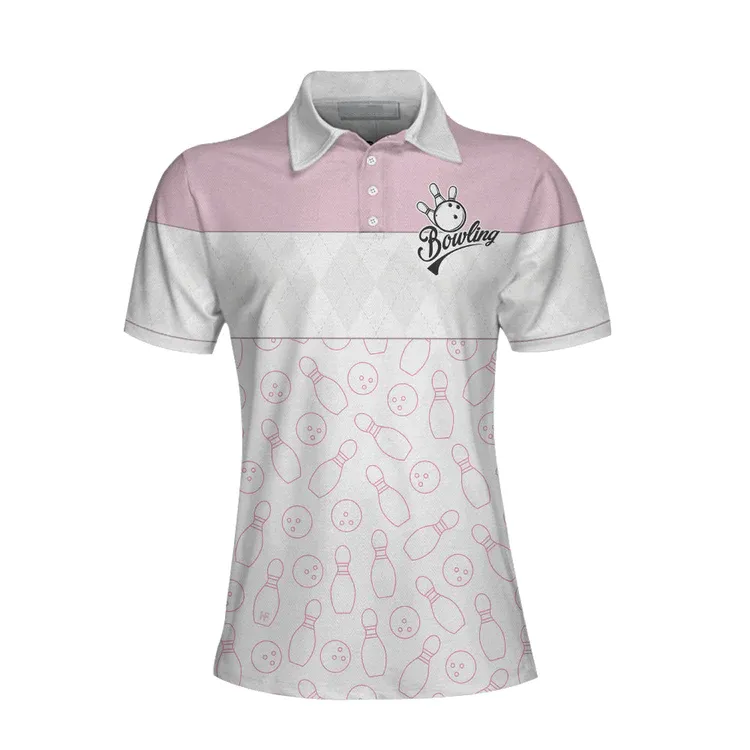 Pink Bowling Balls And Pins Pattern Bowling Short Sleeve Women Polo Shirt, White Bowling Polo Shirt For Ladies Coolspod