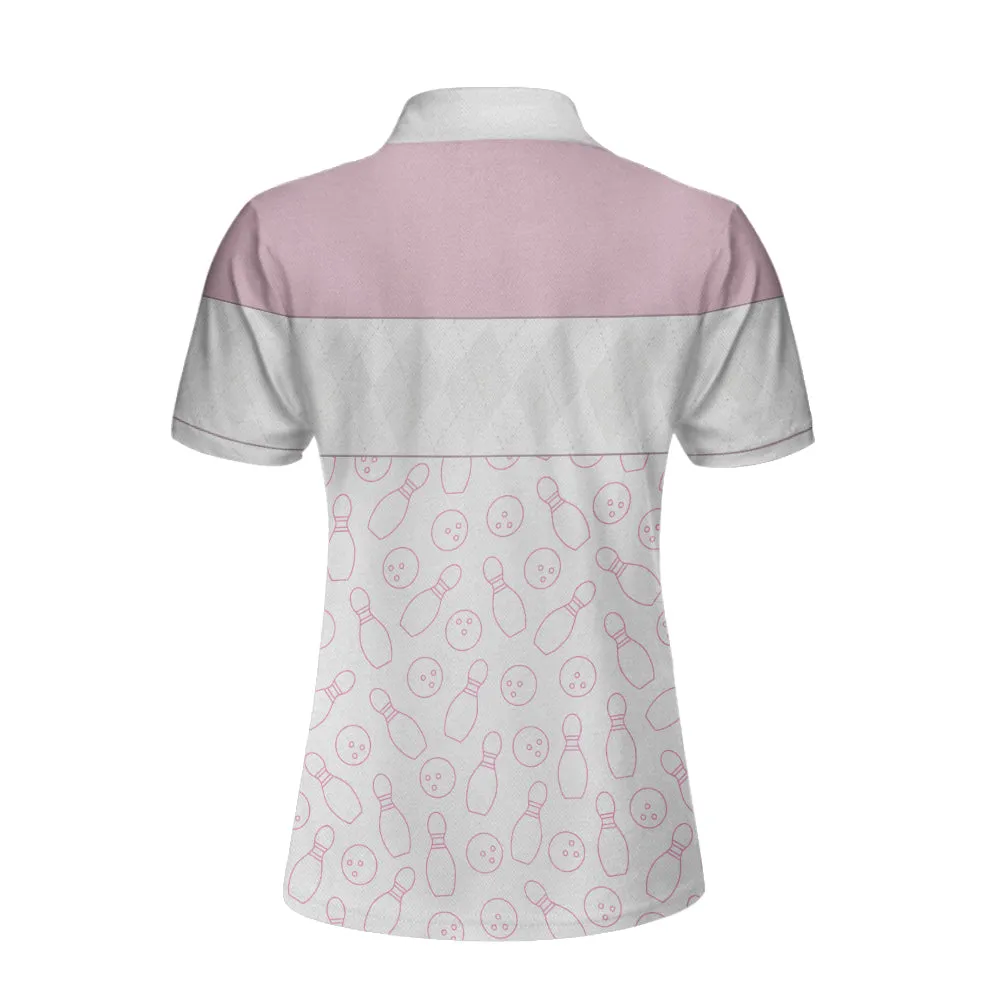 Pink Bowling Balls And Pins Pattern Bowling Short Sleeve Women Polo Shirt, White Bowling Polo Shirt For Ladies Coolspod