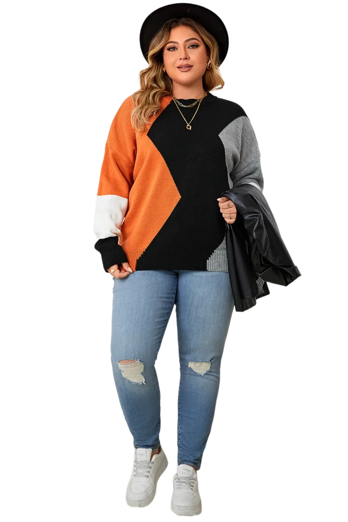Plus Size Color Block Round Neck Knit Top