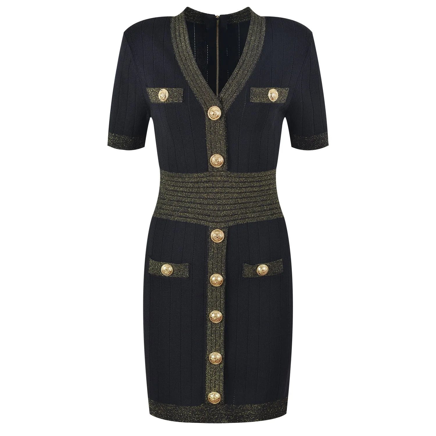 Pre Order:  Gold Buckle V-Neck Hip Hugging Knitted Dress