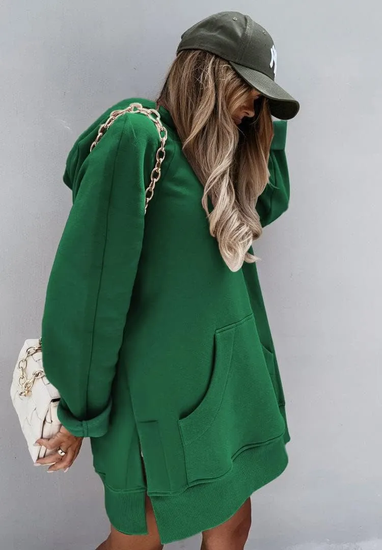 PRETTYGARDEN Women's Casual Pullover Sweatshirt Long Sleeve Split Hem Hoodie Dress with Kangaroo Pocket