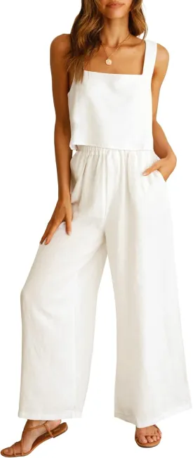 Prinbara Women's 2 Piece Outfits Lounge Sets Sleeveless Square Neck Linen Tank Crop Top Wide Leg Pants Matching Sets