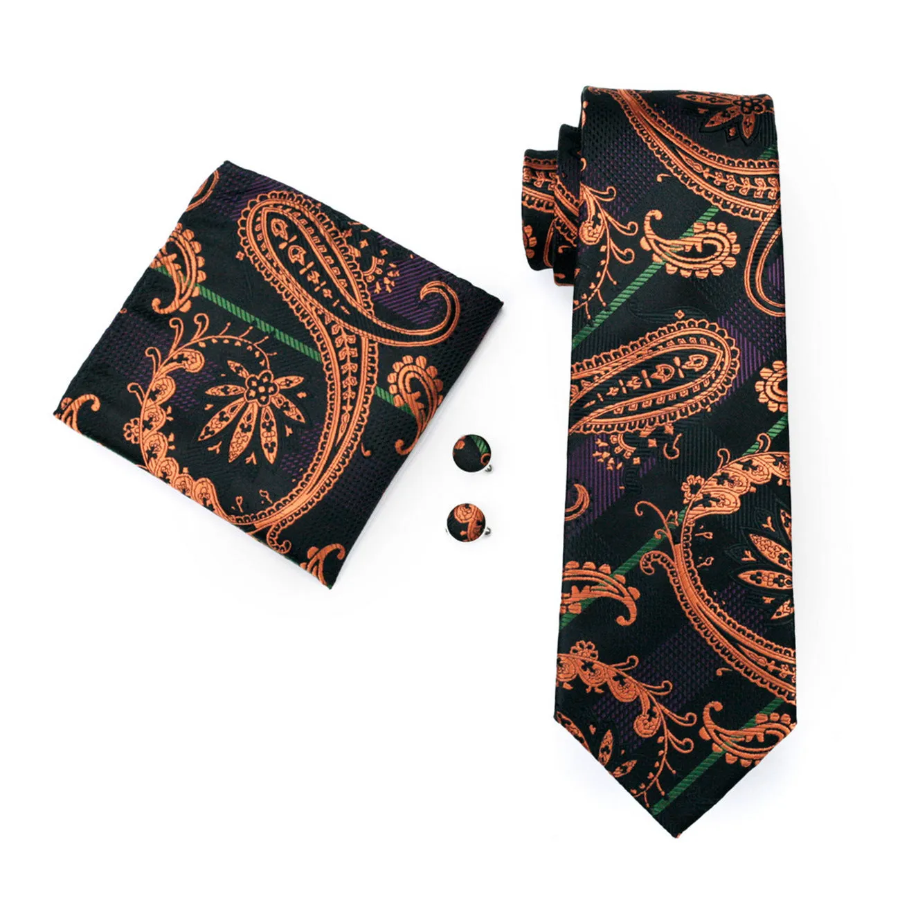 Purple Yellow Paisley Tie Hanky Cufflinks Set