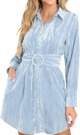 R.Vivimos Women's Shirt Dress Fall Velvet Button Down Long Sleeve Casual Mini Dress with Belt
