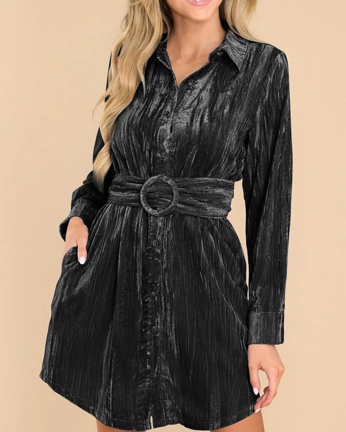 R.Vivimos Women's Shirt Dress Fall Velvet Button Down Long Sleeve Casual Mini Dress with Belt