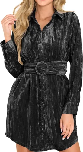 R.Vivimos Women's Shirt Dress Fall Velvet Button Down Long Sleeve Casual Mini Dress with Belt