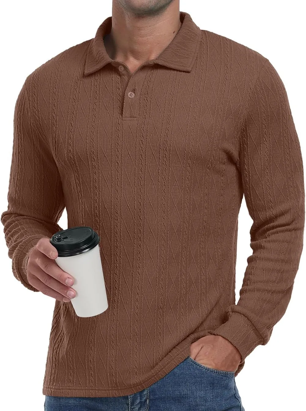 Sailwind Men's Casual Polo Shirts Twisted Button Long Sleeve Tees Collared Golf Shirt