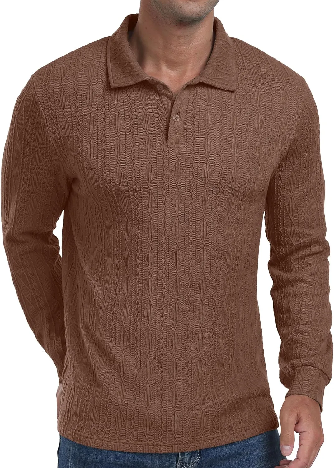 Sailwind Men's Casual Polo Shirts Twisted Button Long Sleeve Tees Collared Golf Shirt