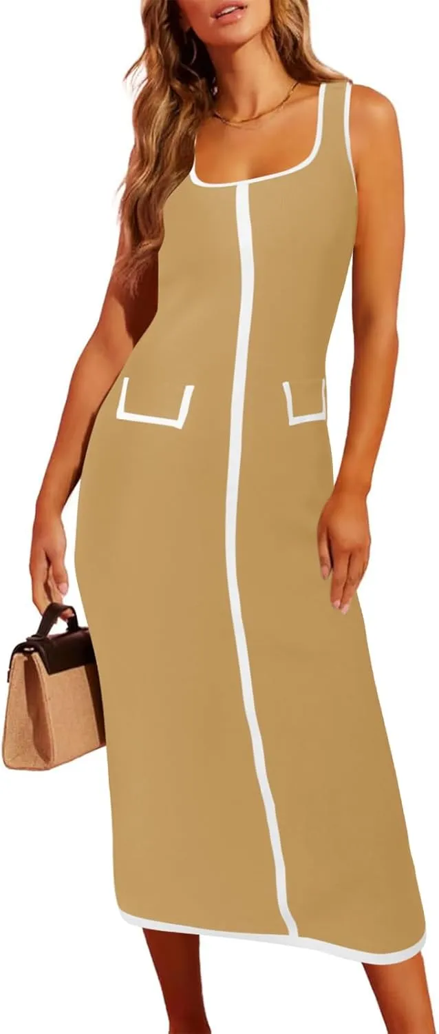 Saodimallsu Womens Summer Sleeveless Midi Dress Square Neck Knit Cocktail Bodycon Color Block Tank Dresses