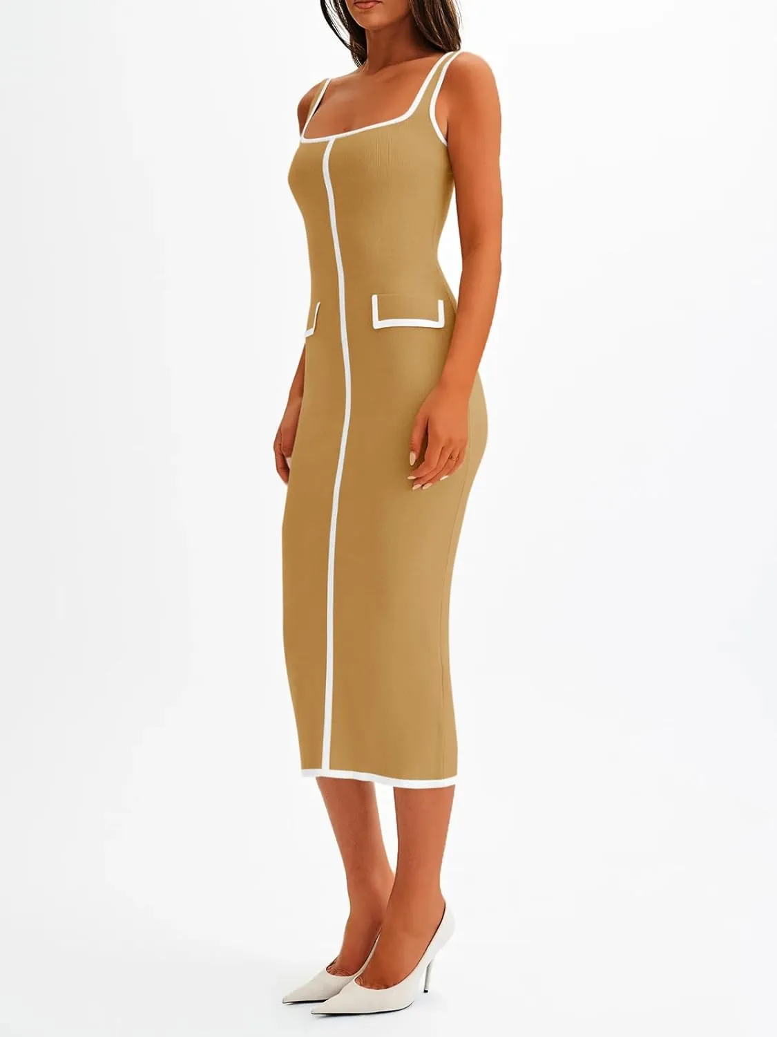 Saodimallsu Womens Summer Sleeveless Midi Dress Square Neck Knit Cocktail Bodycon Color Block Tank Dresses