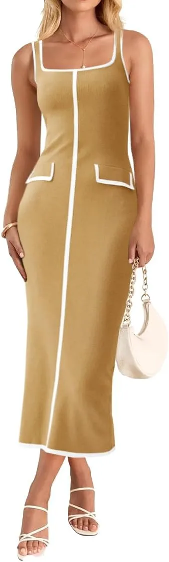 Saodimallsu Womens Summer Sleeveless Midi Dress Square Neck Knit Cocktail Bodycon Color Block Tank Dresses