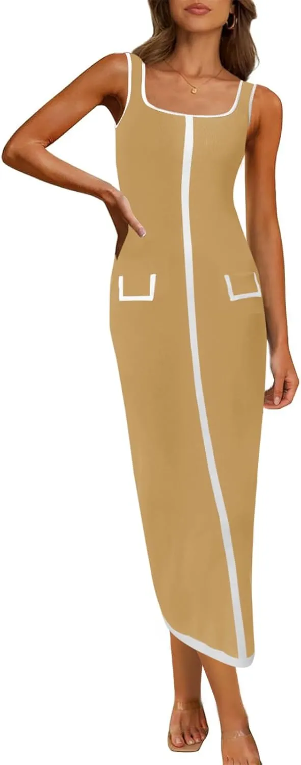 Saodimallsu Womens Summer Sleeveless Midi Dress Square Neck Knit Cocktail Bodycon Color Block Tank Dresses