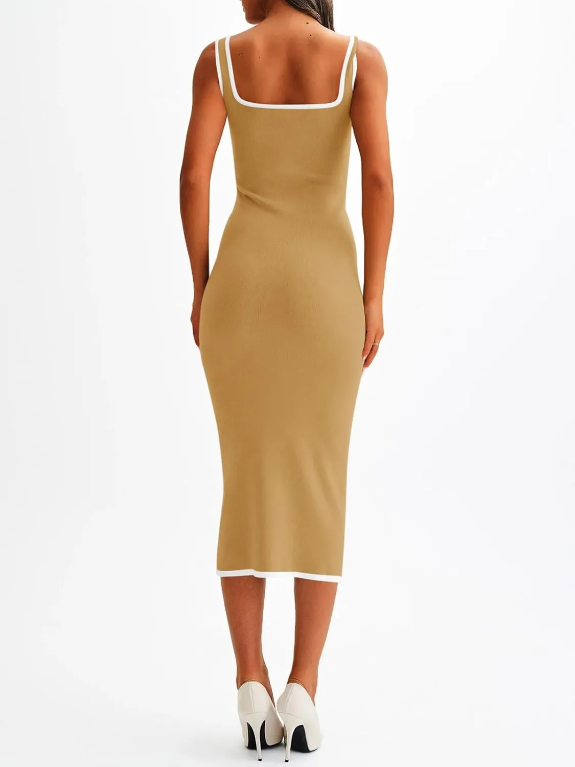 Saodimallsu Womens Summer Sleeveless Midi Dress Square Neck Knit Cocktail Bodycon Color Block Tank Dresses