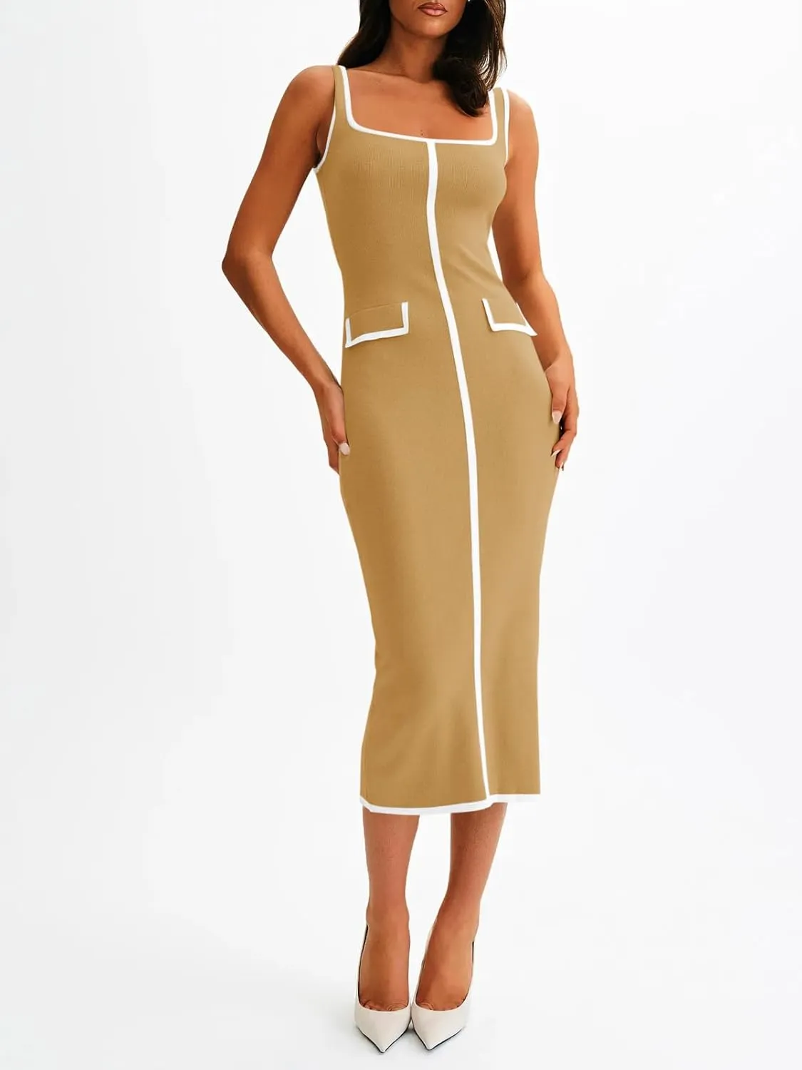 Saodimallsu Womens Summer Sleeveless Midi Dress Square Neck Knit Cocktail Bodycon Color Block Tank Dresses
