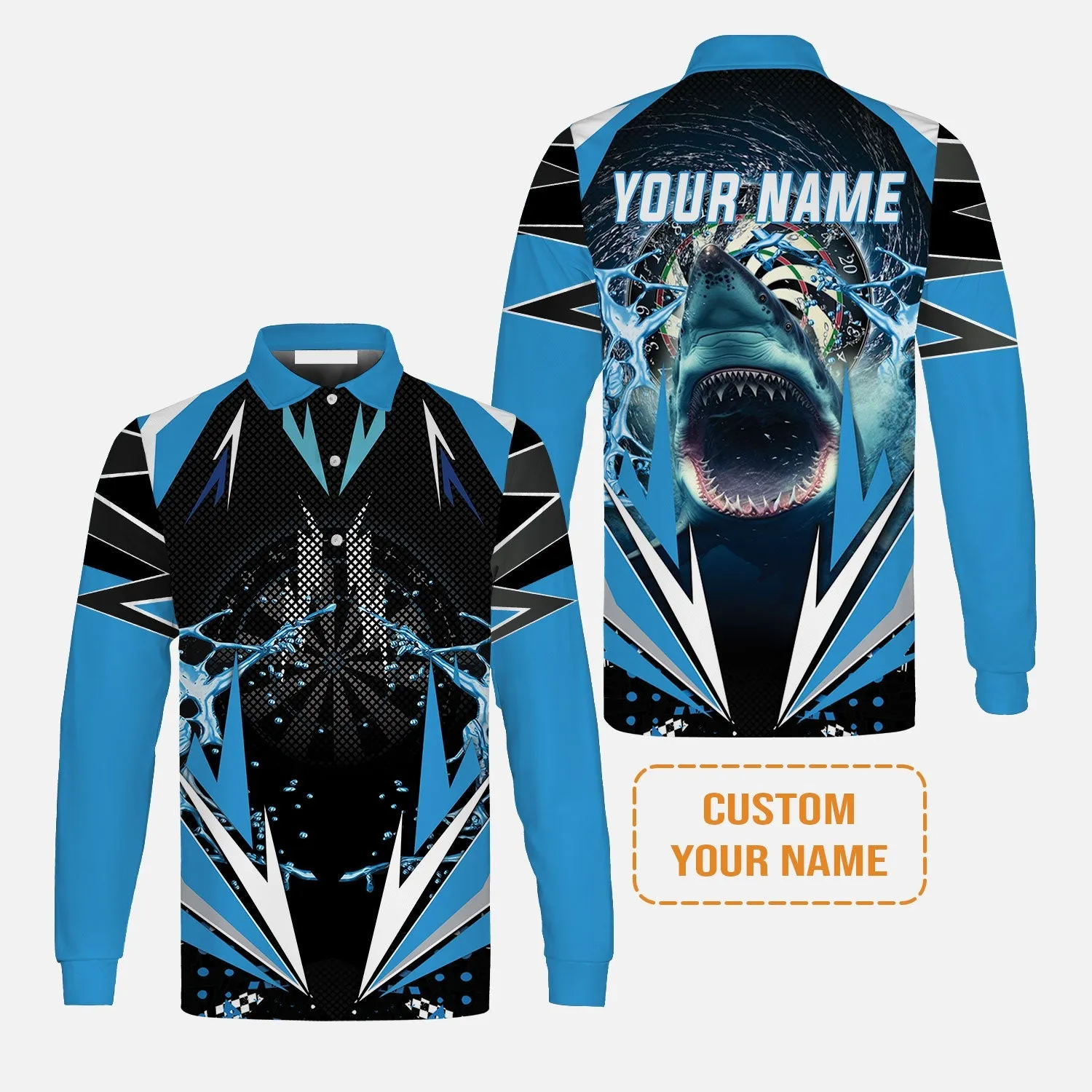 Shark And Darts Custom Name Men's Long Sleeve Polo Shirt, Whirlpool Bullseye Dartboard for Dart Lovers