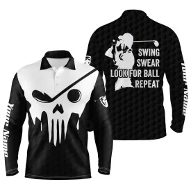 Swing Swear Look For Ball Repeat Custom Name Black And White Golf Skull Mens Golf Long Sleeve Polo Shirt 