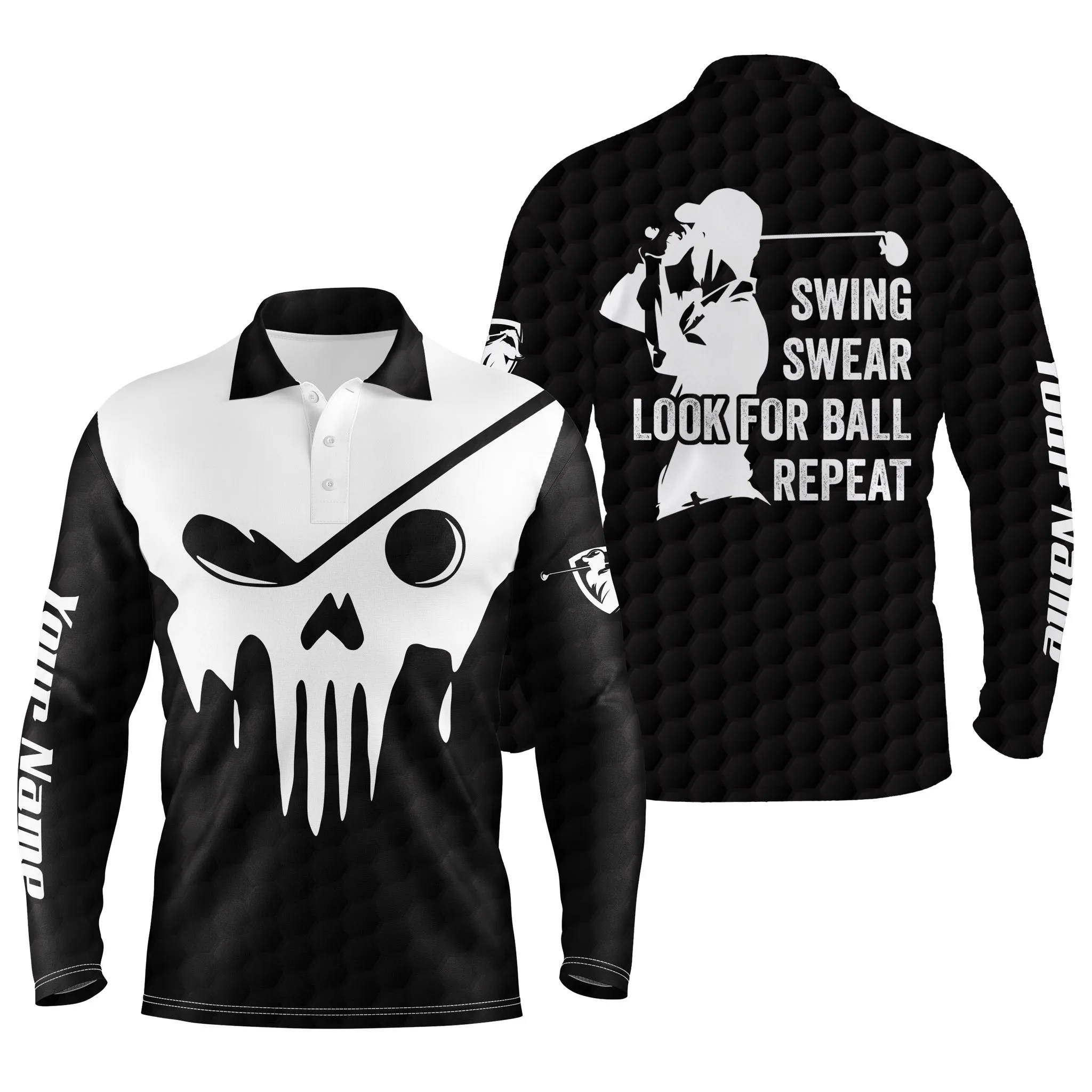 Swing Swear Look For Ball Repeat Custom Name Black And White Golf Skull Mens Golf Long Sleeve Polo Shirt 