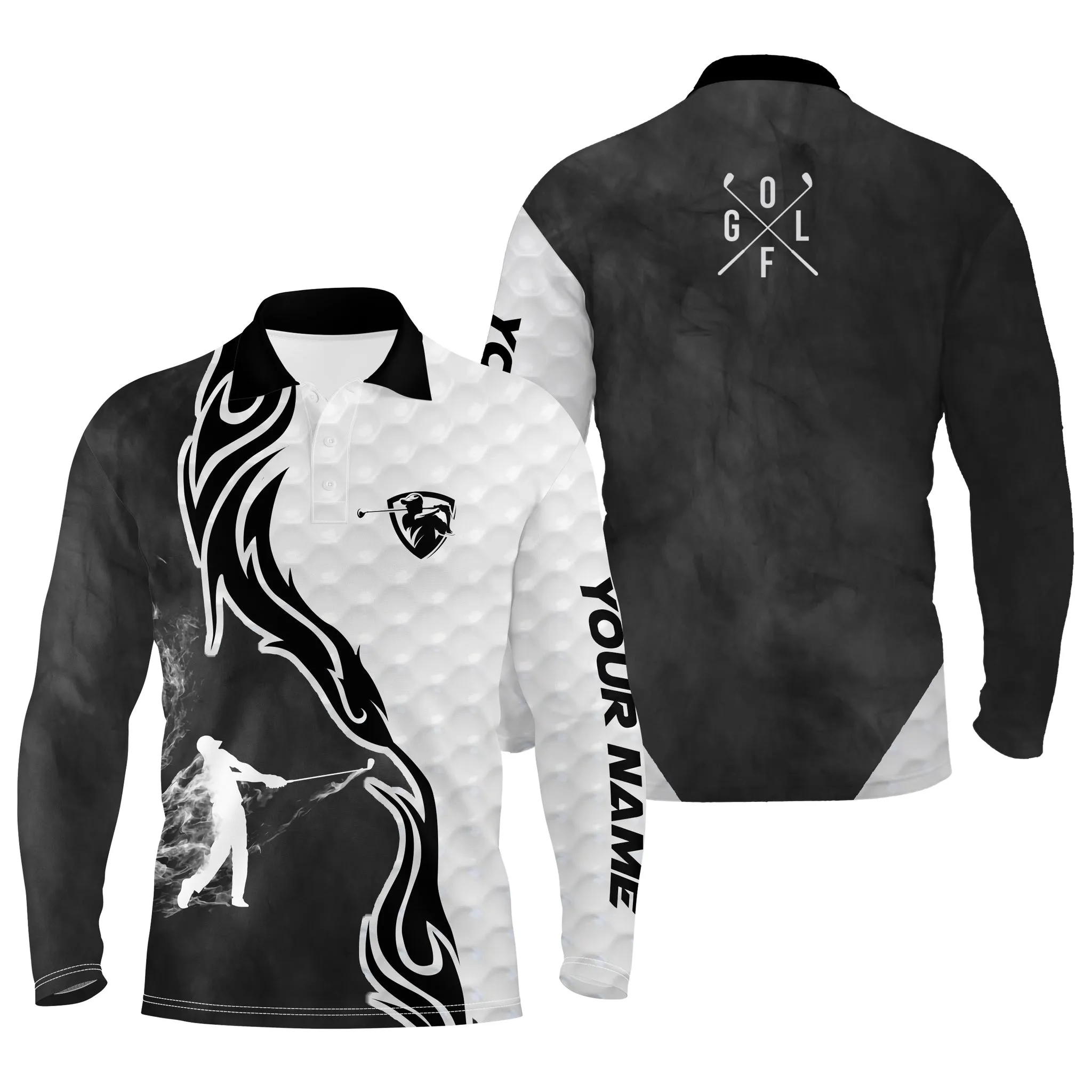 Swing Swear Look For Ball Repeat Custom Name Black And White Golf Skull Mens Golf Long Sleeve Polo Shirt 
