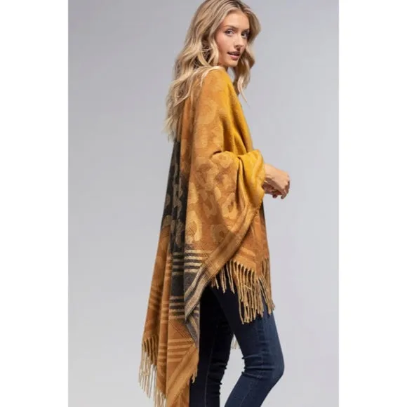 Tuscan Animal Print Color Block Knit Ruana Tassel Fall Winter Casual Wrap