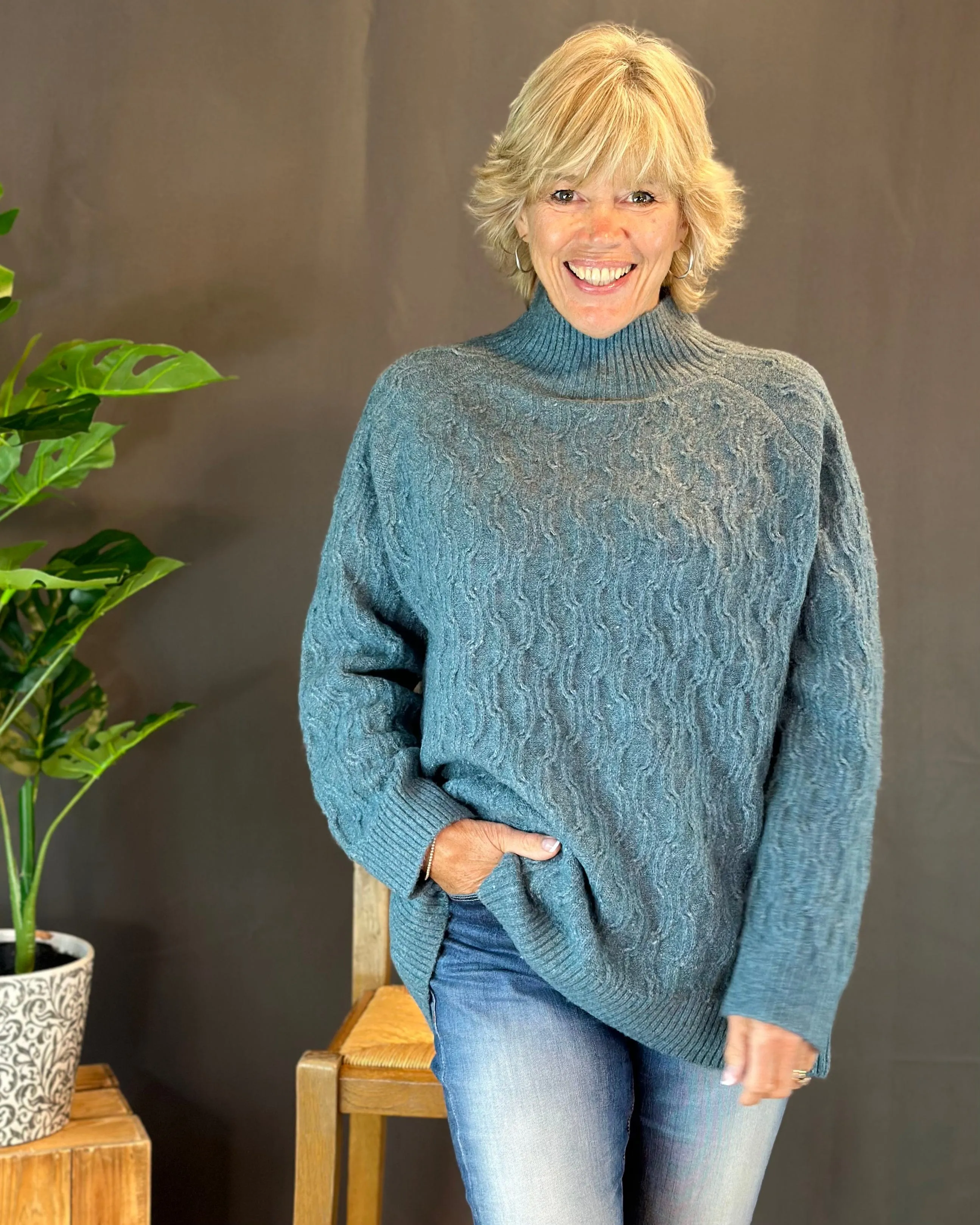 Tweed Textured Knit Turtle Neck Jumper - Sea Blue
