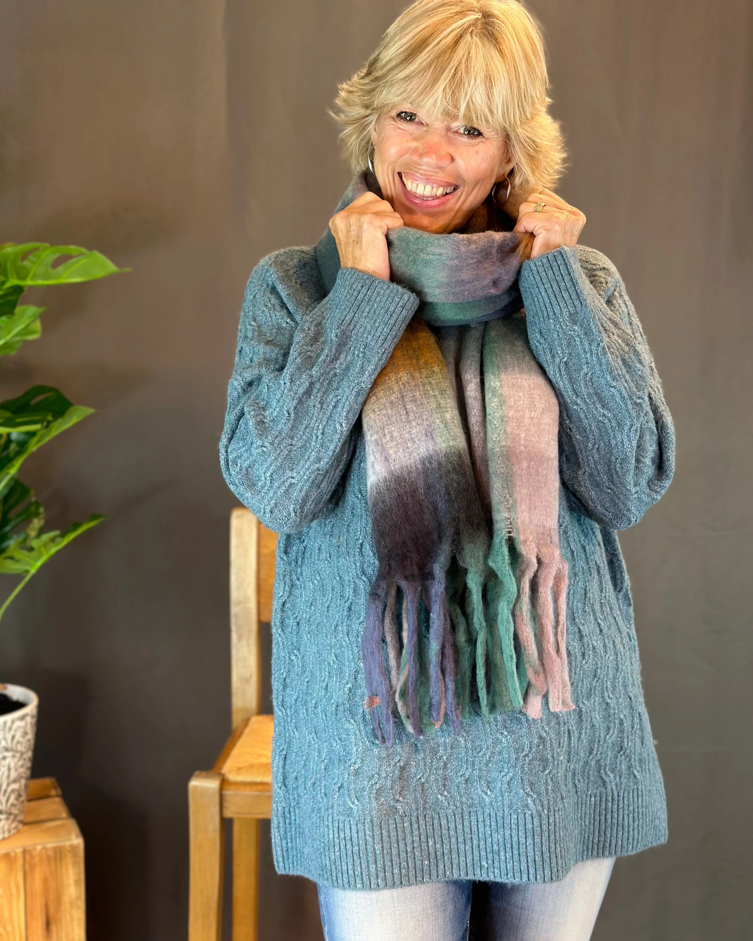Tweed Textured Knit Turtle Neck Jumper - Sea Blue
